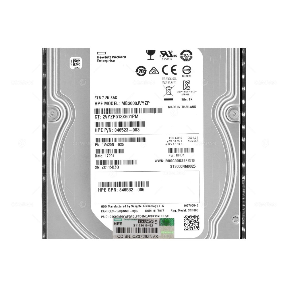 846614-001 HP HARD DRIVE 3TB 7.2K 6G 3.5 LFF SAS G8 G9 G10 846523-003, 846532-006, ST3000NM0025, 846528-B21